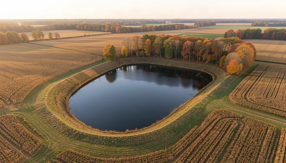 Depth rings on a satellite photo of a farm reservoir, crowded at the shore on the left and evenly spaced on the right