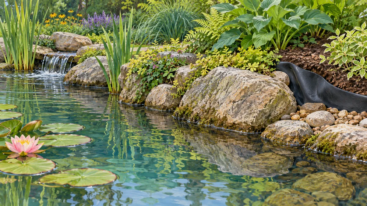 Pond liner rising behind shoreline stones at an unfinished planted edge
