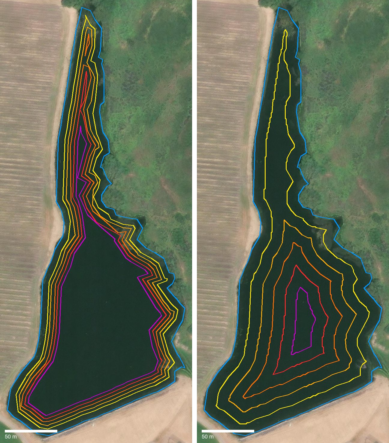 Two copies of the same satellite photo of a long farm reservoir. On the left, depth rings crowd the shore around a wide flat floor. On the right, evenly spaced rings close in on one deep spot in the southern bowl.