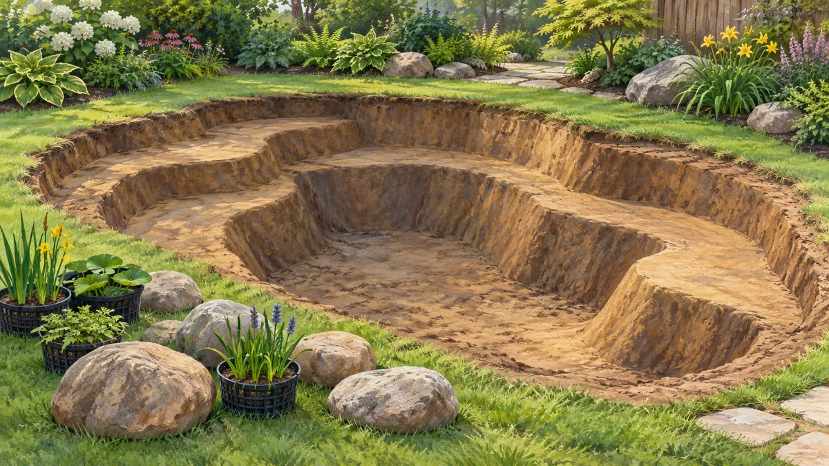 Stepped excavation shelves around the deeper floor of a garden pond