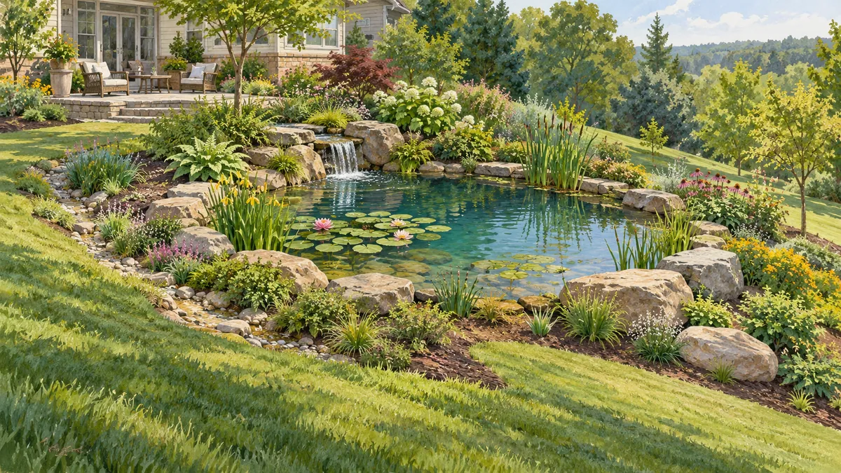 Level garden pond set into a gently sloping backyard