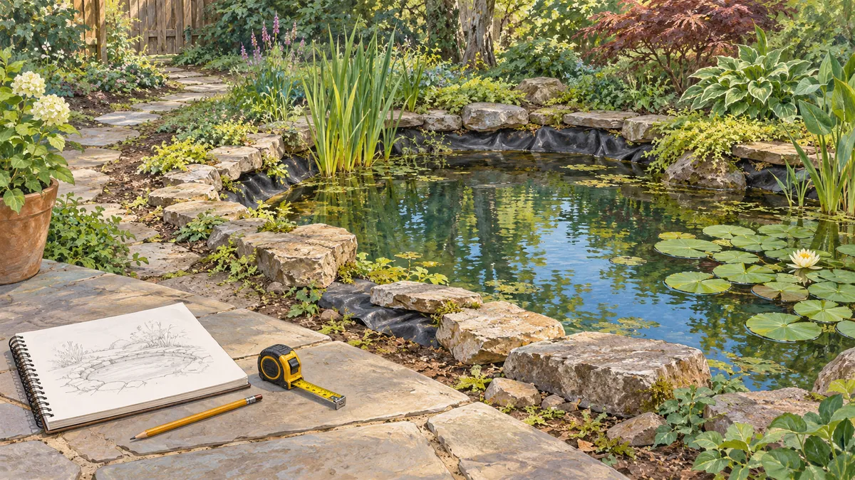 Older garden pond with exposed edging liner and a notebook for inspection