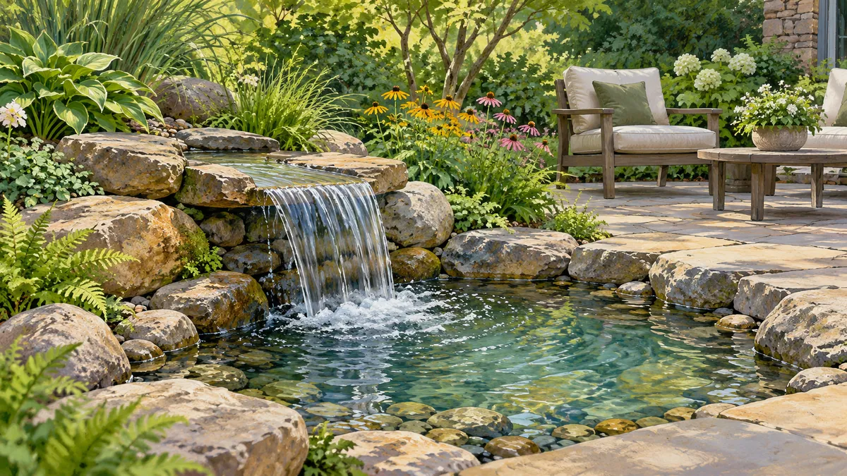 Low waterfall spill with a broad receiving pool beside a patio