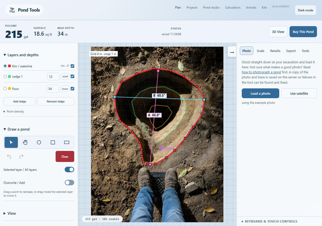 PondTools Plan with pond outlines, layer controls and volume measurement