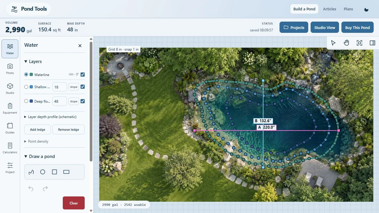 PondTools editor showing three editable outlines and a 2,990-gallon estimate