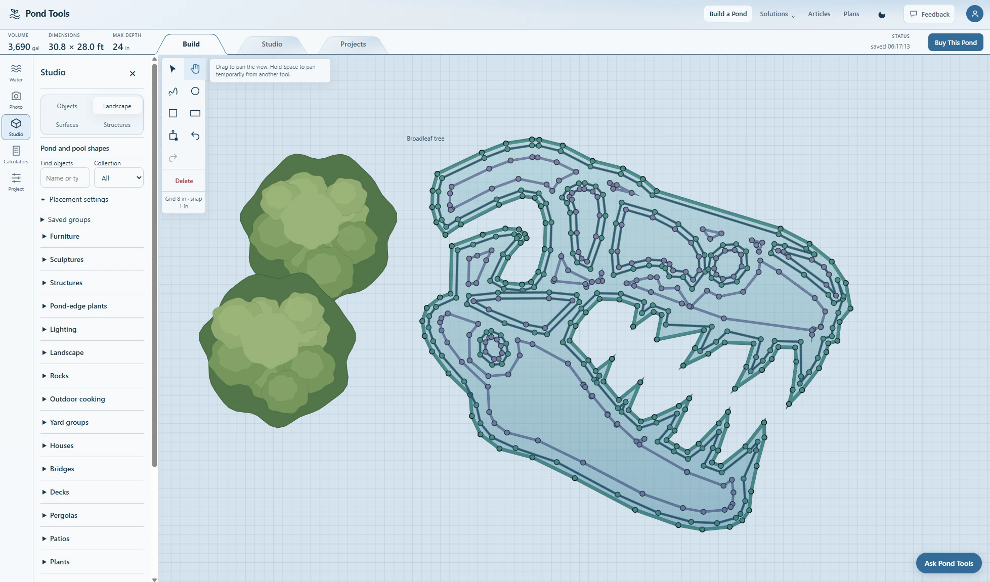 The T-Rex pond design open in the PondTools editor with editable depth contours.