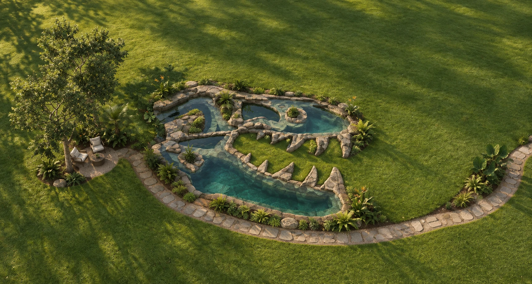 AI concept of a T-Rex skull-shaped pond with blue water, rock edges and surrounding planting.